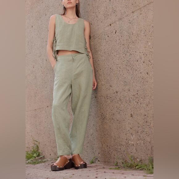 Eve Gravel Devi Linen Pants in Mint/Sauge - Picture 1 of 5